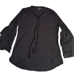 August Silk Women’s Tunic Blouse M Black Tie Neck Bell Sleeve High Low Hem